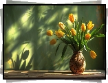 Kwiaty, Żółte, Tulipany, Wazon, Cień, Ściana, Zielona