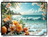 Morze, Plaża, Palmy, Kwiaty, Plumeria, Owoce, Ananas, Pomarańcze